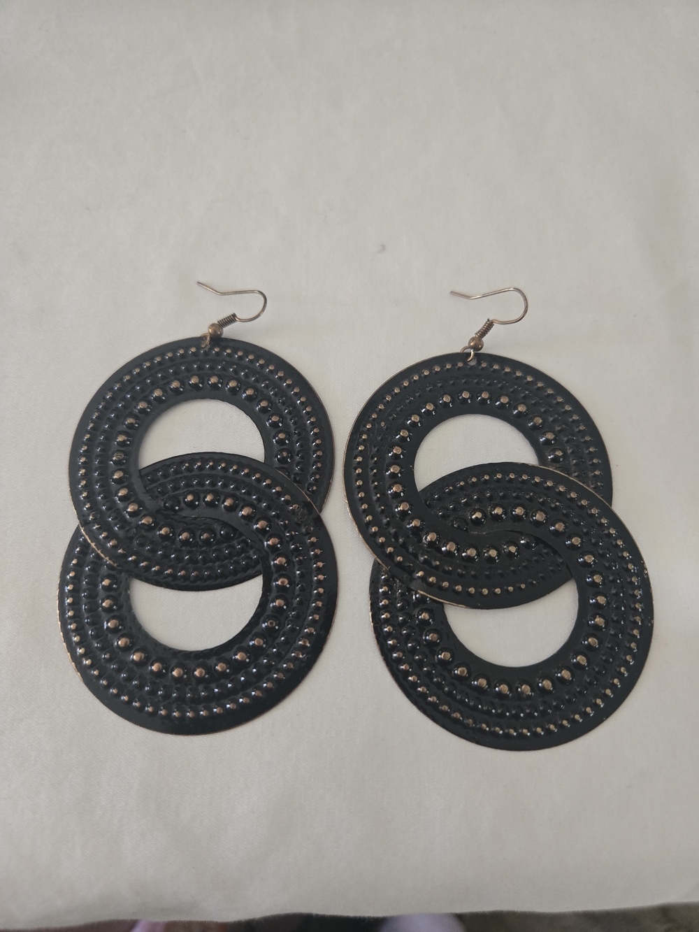 Black Double Hoop Drop Earrings w/ Brushed Goldtone Detailing